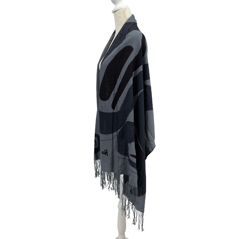 Corrine Hunt Scarf Gray Black Abstract Fringe Wrap Shawl Wool Blend Minimalist - Picture 7 of 10